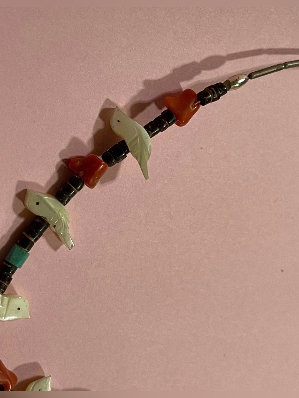 Vintage Native Turquoise Heishi Coral MOP Bird Liquid Silver Necklace #6755 💎 - Picture 3 of 9